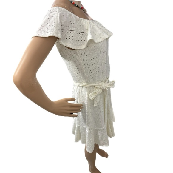BCBGeneration Ruffled Off Shoulder Eyelet Mini Dress Womens Sz M Cottage White - Picture 7 of 11